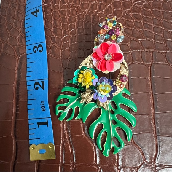 ZARA Gold & Multi Bright Tropical Floral Palm Leaf Dangle Statement Earrings - Picture 16 of 16